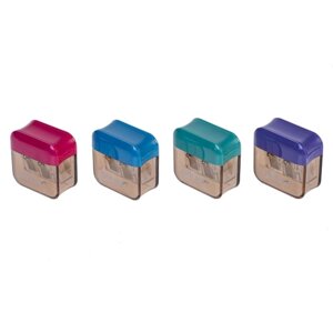 Точилка Пластик Цветная с контейнером с 2-мя отв Ассорти 4цв с крышкой BS_079568