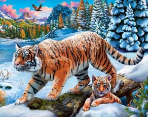 Холст с красками 30х40 см по номерам Зимние тигры у водоема 20 цв ХК-6607