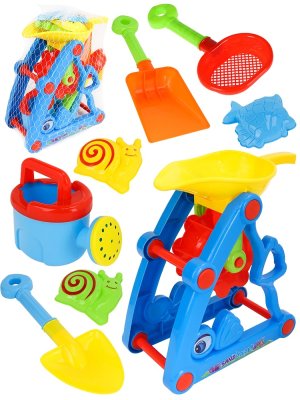 Песочный набор Водные забавы лейка 3 формочки мельница лопатка ситичко в сетке ИК-2342