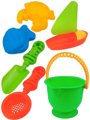 Песочный набор ведерко лопатка сито кораблик 2 формочки в сетке микс ИК-2329