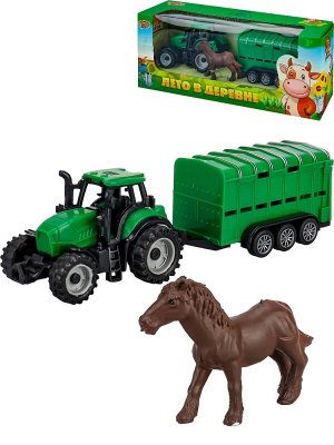 Трактор с прицепом для перевозки животных -2 Лето в деревне 19см фиг лош в ком M1224-7