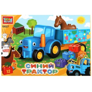 Конструктор Синий ТРАКТОР большие кубики с тележкой 12 дет 10027-GK