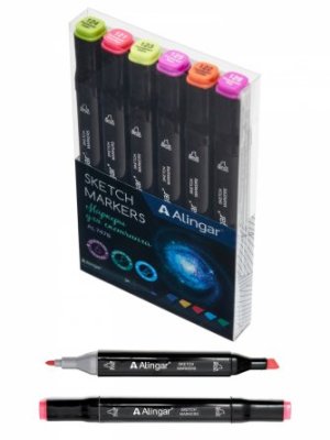 Набор скетчмаркеров 6цв двухсторонних флюоресцентные пулевидный клиновид 1-6мм AL7478