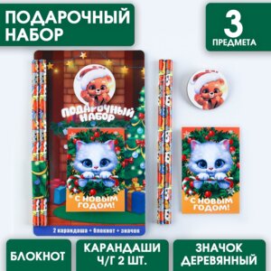 Подарочный набор Блокнот карандаши ч/г 2шт значок Котик 9713094