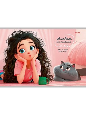 Альбом 40л ДЕВУШКА И КОТ - 1 на скрепке 40-7782