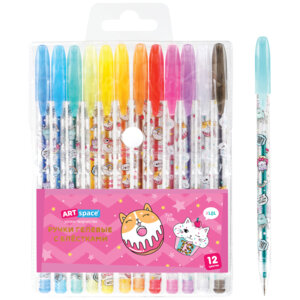 Набор гелевых ручек 12цв 1,0мм Кот-сластена с блестками ПВХ чехол GPCC12_53043