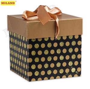 Коробка складная Горох,золотой 10х10х10 см, с лентой ПП-5372