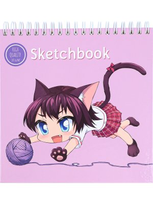Скетчбук 40л Девочка кошка 165*165 гребень сверху айвори С40-4171