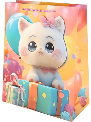 Бумажный пакект Dream Cards 3D 26*32*10 Котёнок и подарки,210г ПКП-9250