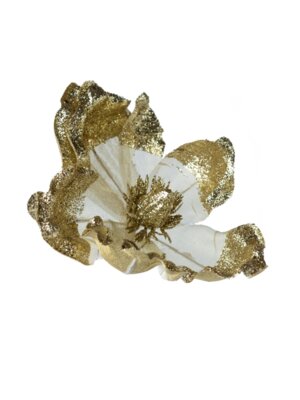 Елочное украшение Цветок белый с золотом из полиэстера, на клипсе из черного металла 87492