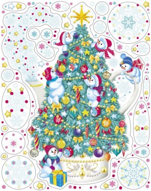 Новогоднее оконное украшение Елочка и снеговички из ПВХ пленки (крепится к гладкой поверхности стекл