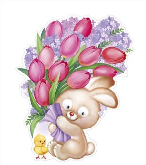 Плакат фигурный Заяц и цыпленок с букетом