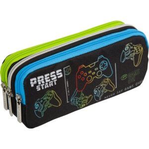 Пенал 3 отд 21x8,5x5,5см Press Start прямоугольный текстиль  с молниями 3-х цв 7020326