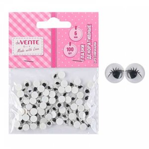 Глазки декоративные круглые 6мм пласт на клеевой основе с ресницами черные 100шт 8001121