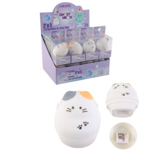 Точилка и ластик 2 в 1 Ghost Meow 1 отв пласти цветная с контейнером 8031517