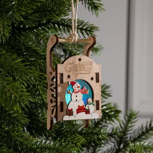 Подвеска световая "Сани со снеговиком" 6х12х4, CR2032x1, RGB   6117355