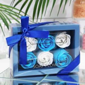 Мыльные розы в картонной коробке 6 штук белые и синие 6962323