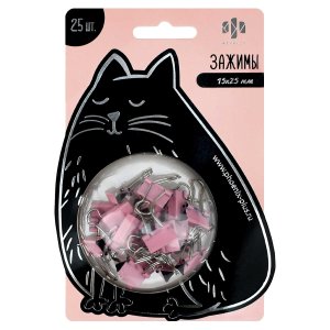 Зажимы канцелярские 15х25мм Черный котик 25шт Розовый 71498