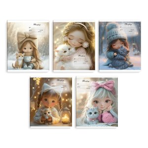 Тетрадь школьная ученическая, 12 л, линия, арт. 70903/ 10 ДЕВОЧКИ С КОТЯТАМИ /А5+, мягкий переплёт (