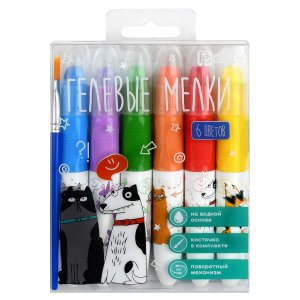 Набор гелевых мелков 6 шт с кисточкой ПВХ-коробка с европодвесом 72262