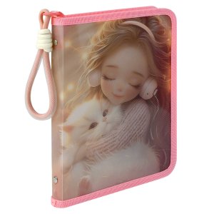 Папка для тетрадей пластиковая ДЕВОЧКА В НАУШНИКАХ И КОТЕНОК на молнии А5 72367