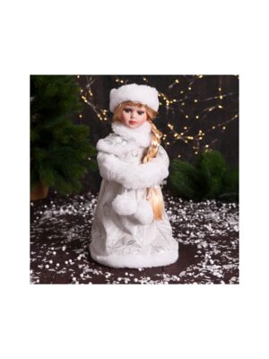 Снегурочка В муфте с меховыми бомбошками 33см серебристо белая 7856774