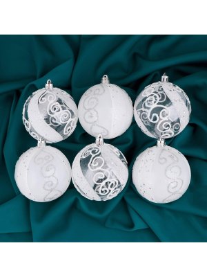 Набор шаров пластик  8см 6шт Ажурные завитки белый 1009394