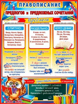 Плакат Правописание предлогов и предложных сочетаний P2-564